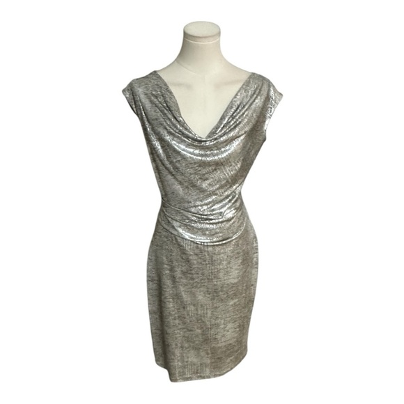 Vince Camuto Shimmery Silver Metallic Knit Cowl Neck Sheath Dress Size 6 Party - Picture 3 of 9